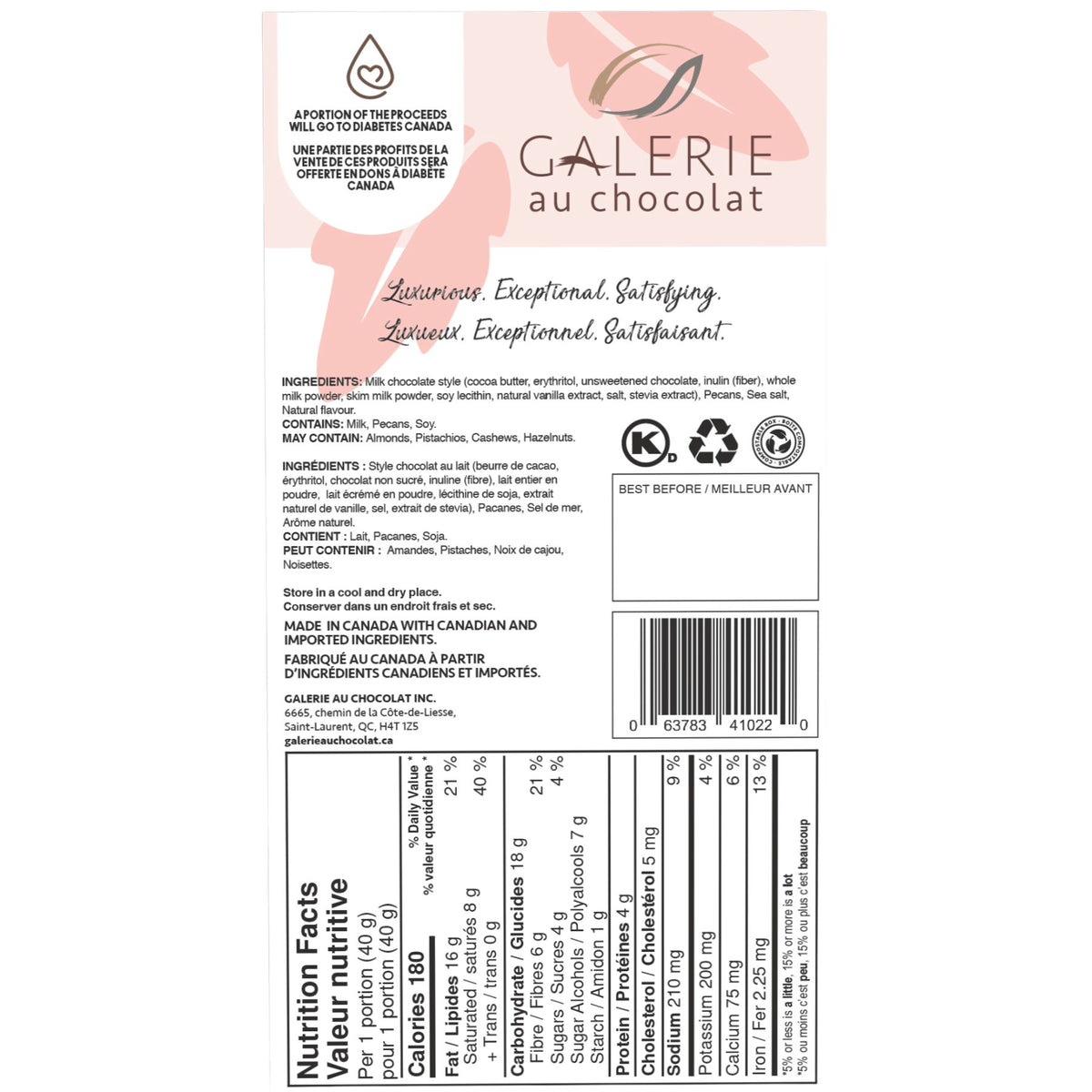 Galerie au Chocolat No Sugar Added Milk Chocolate Salted Caramel & Pecans 80g