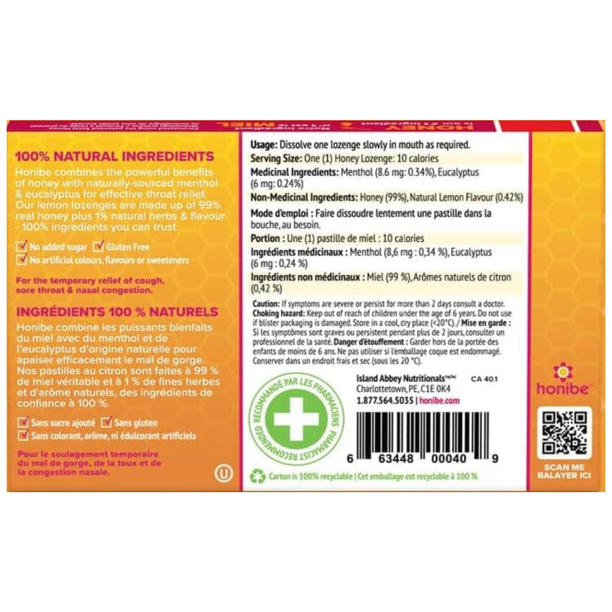 Honibe Lemon Menthol Lozenges 10ct