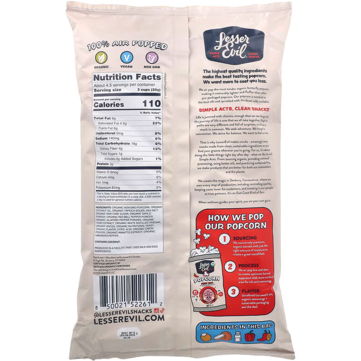 Lesser Evil Organic Popcorn - Fiery Hot 130g