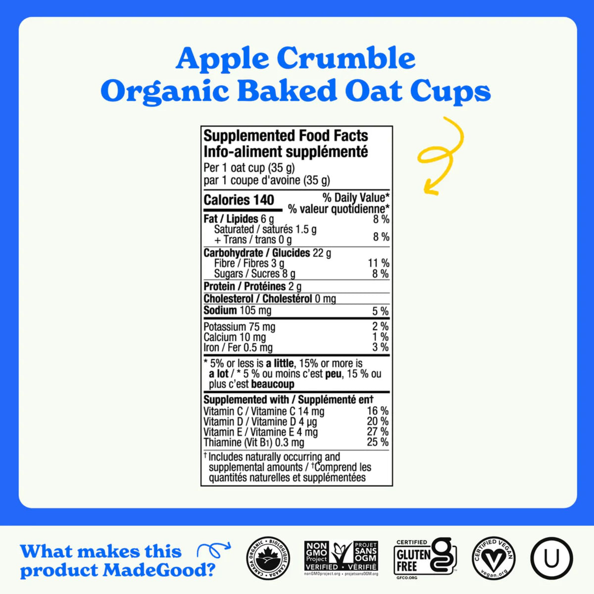 MadeGood Mornings Organic Baked Oat Cups Apple Crumble 5pk (5x35g)