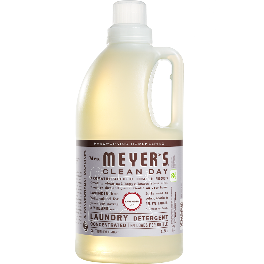 Bottle of Mrs Meyer's Concetrated Laundry detergent Lavender scent - 1.8L - 64 loads per bottle - plastic bottle with handle. 