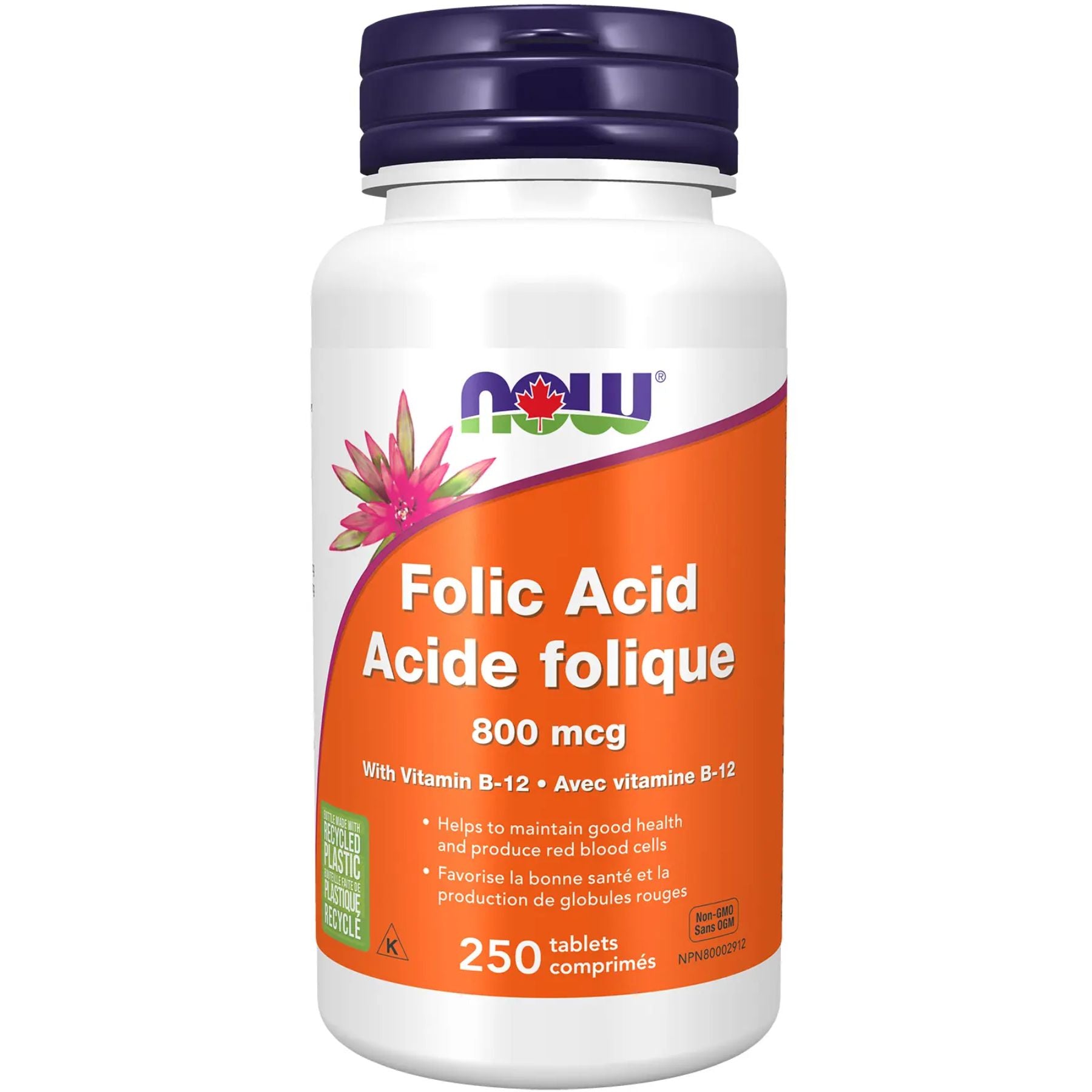 NOW Folic Acid 800 mcg with Vitamin B12 - 250 tablets bottle. Helps to maintain good health and produce red blood cells. 
