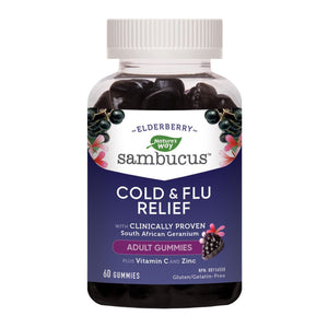 Bottle of Nature's Way (brand) Sambucus Cold & Flu Relief Gummies for adults, immune support supplement. Plastic bottle with a screw-on lid.