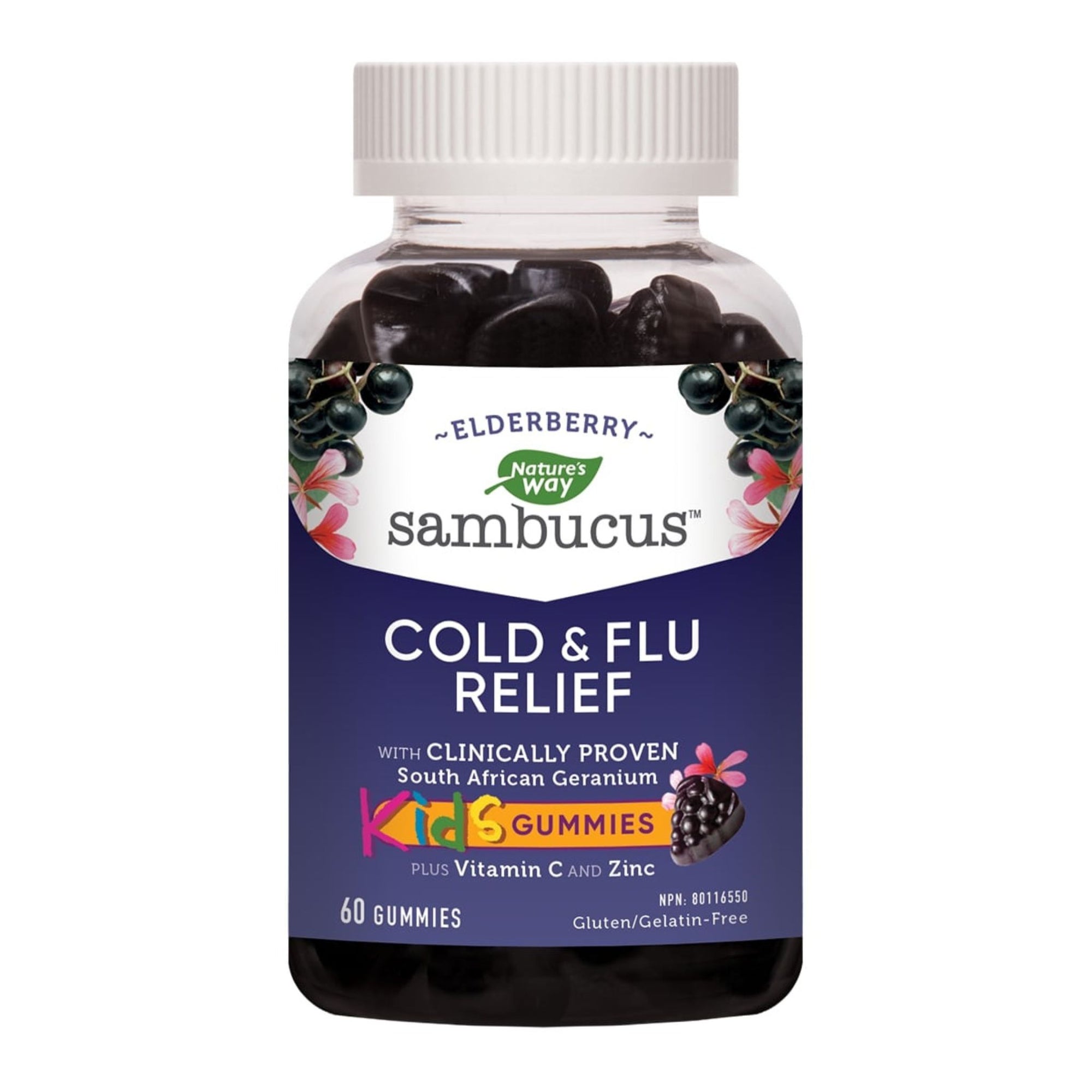 Bottle of Nature's Way Sambucus Relief Kids Gummies 60 per bottle, immune support supplement with elderberry, Vitamin C, and Zinc.