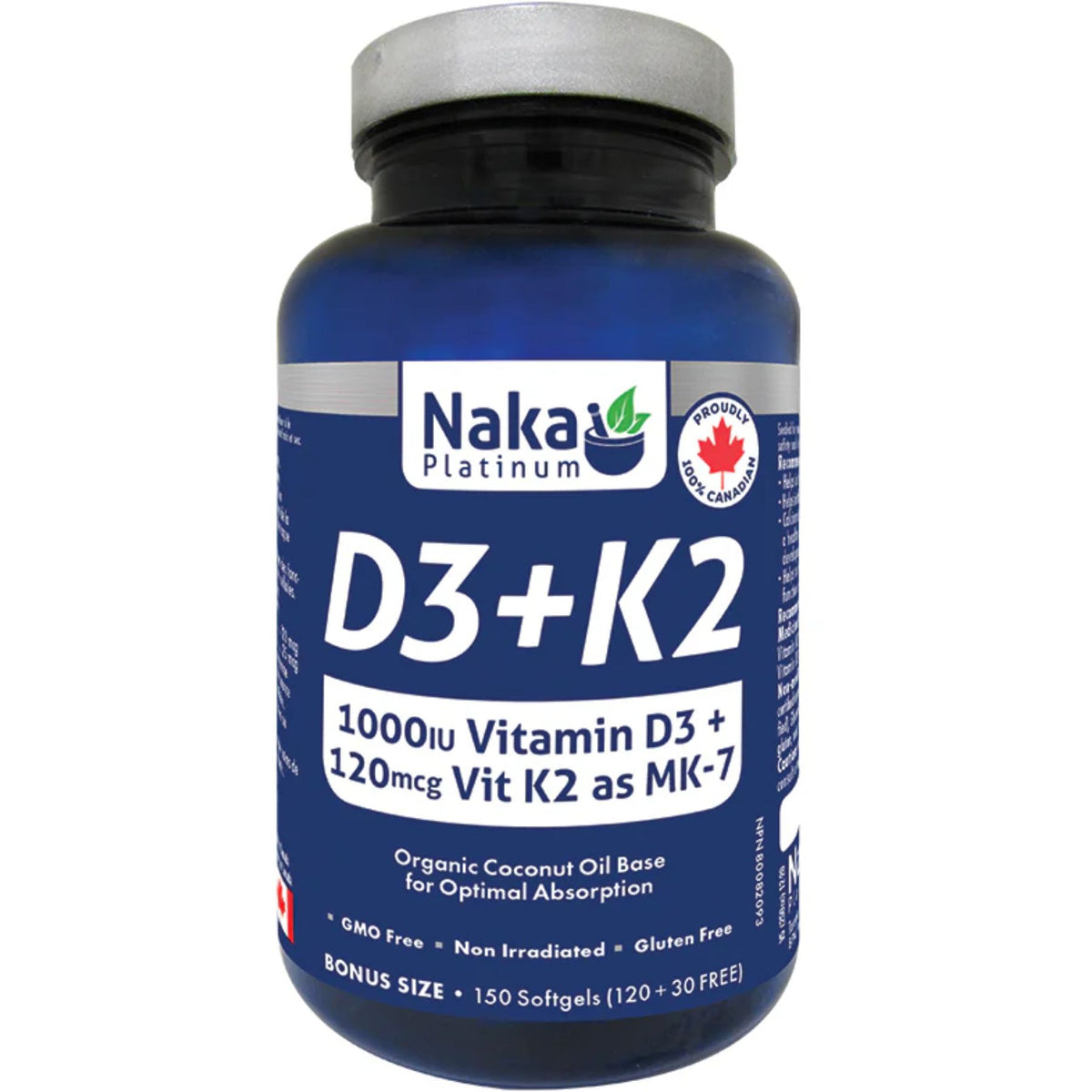 Naka Platinum D3 + K2 Softgels Bonus Size 150s (120 + 30 FREE)