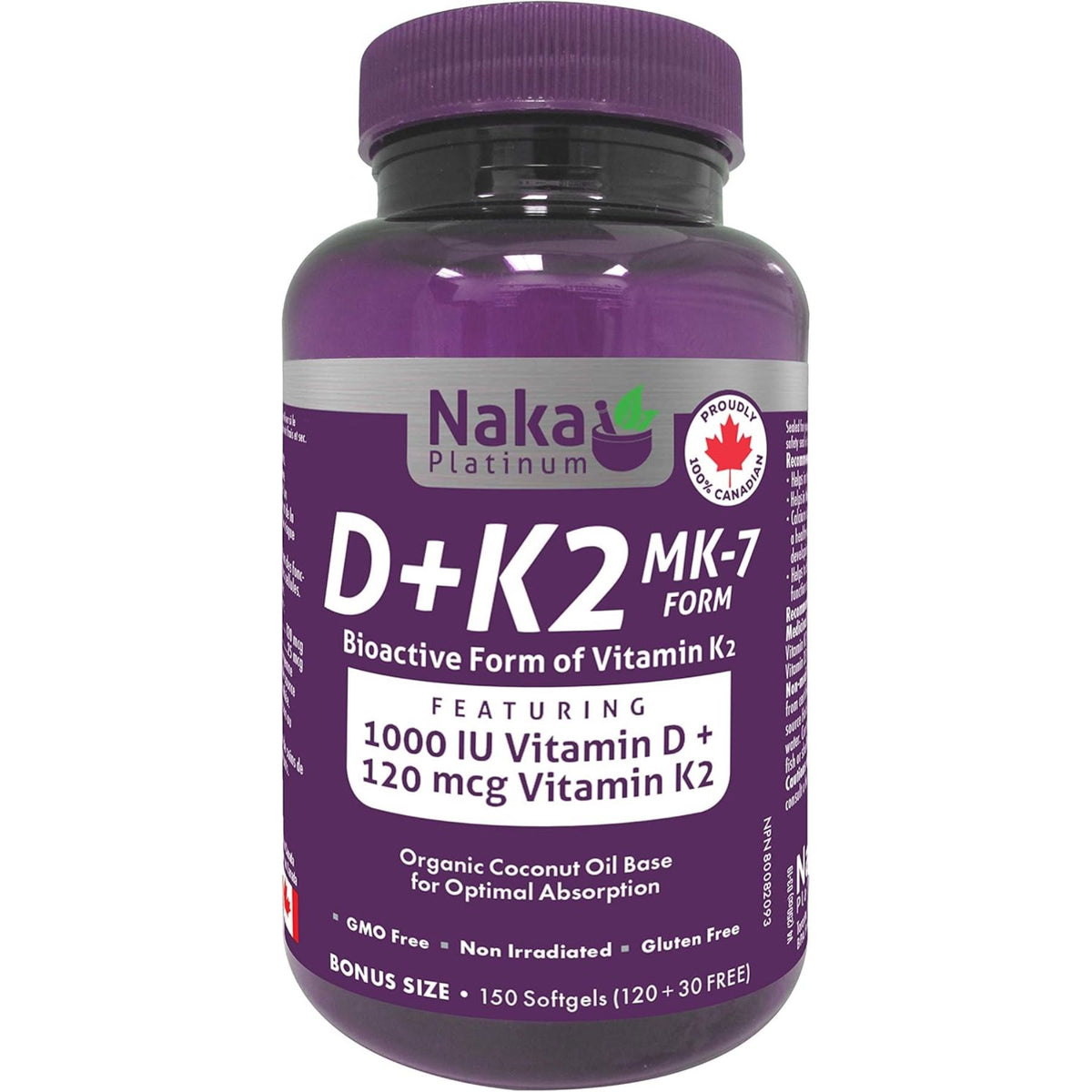 Naka Platinum D3 + K2 Softgels Bonus Size 150s (120 + 30 FREE)
