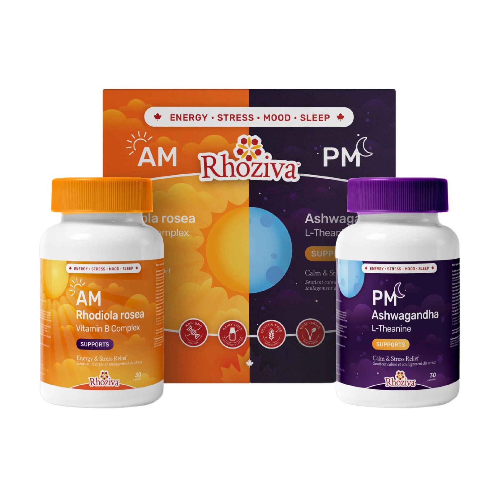 Nanton Rhoziva AM/PM Kit; a stress relief kit containing two bottles with 30 capsules each. 