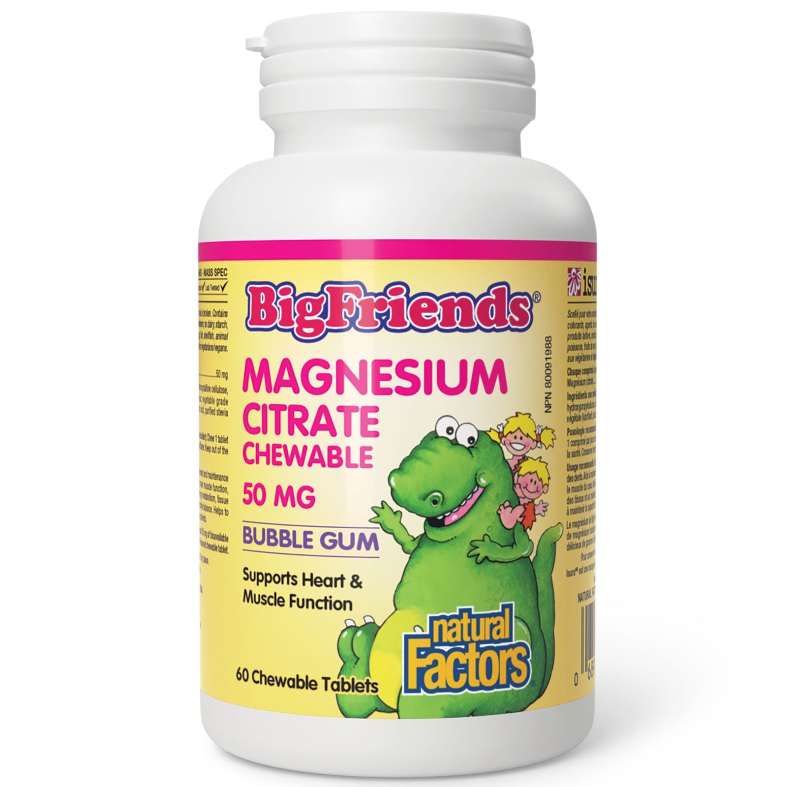 Natural Factors Big Friends Chewable Magnesium Citrate 50 mg, Bubble Gum 60s