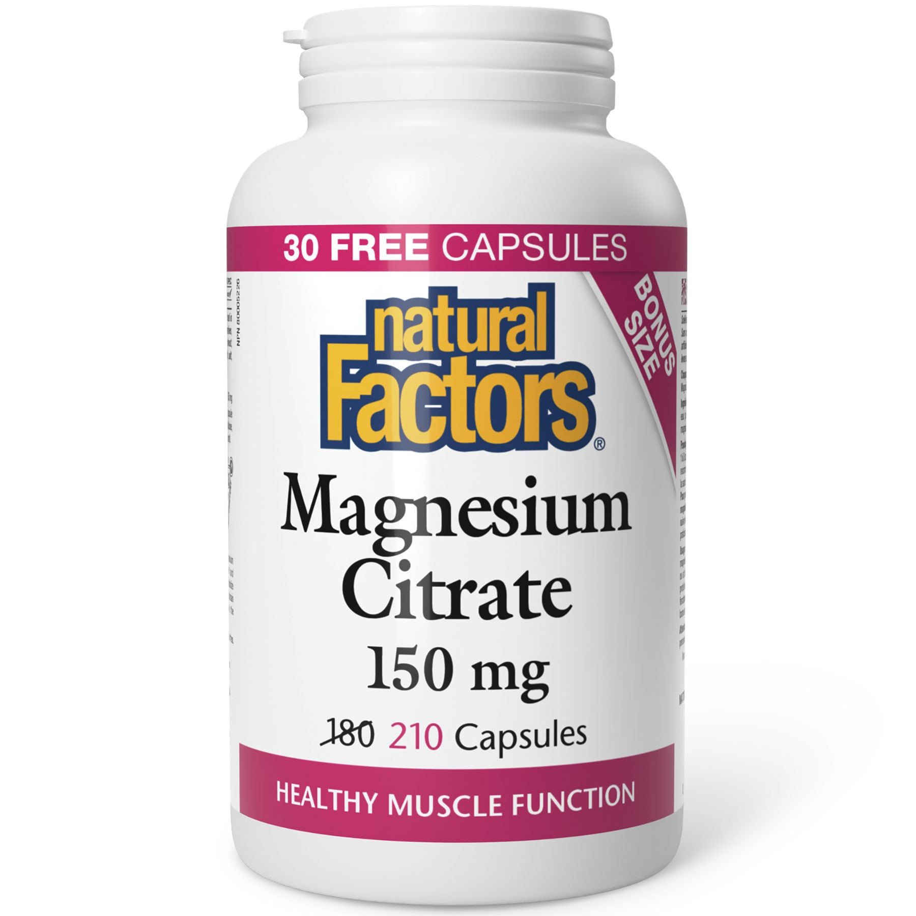 Natural Factors Magnesium Citrate Bonus Size (180s + 30s Free)