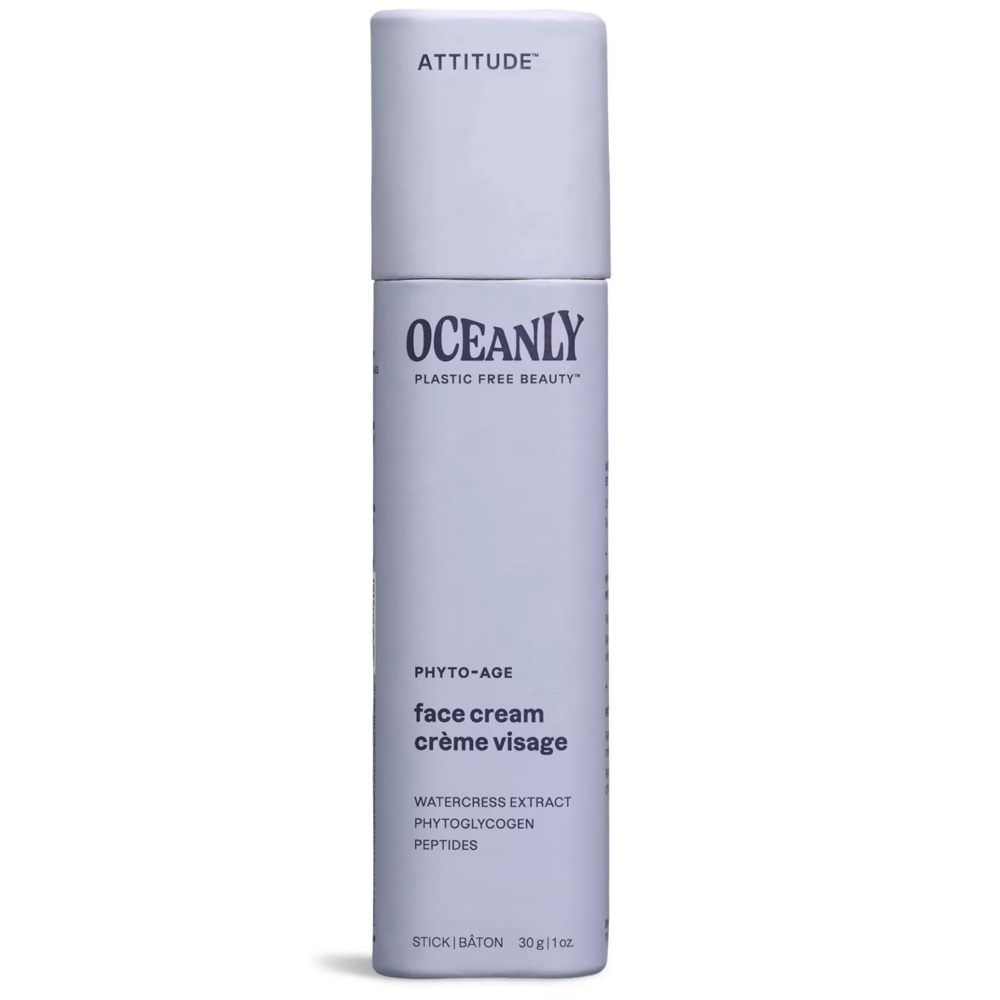 Attitude Oceanly Anti-Aging Solid Face Cream 30g tube - with watercress extract, phytoglycogen and peptides. Phyto-Age product line - 100% plastic free packaging. 