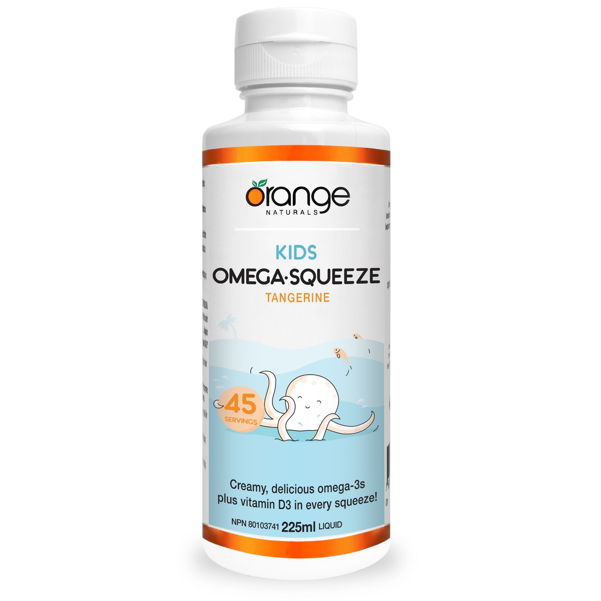Orange Naturals Kids Omega Squeeze Tangerine flavour - 225ml bottle, 45 servings - Creamy, delicious omega-3s plus vitamin D3 in every squeeze!