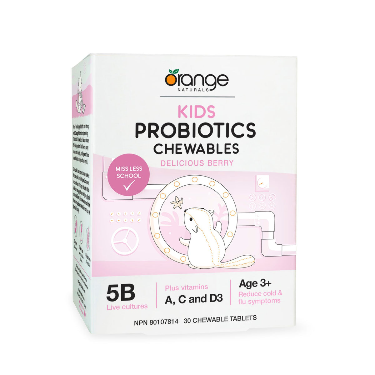 Orange Naturals Kids Probiotics Chewables 30 tablets - Delicious Berry flavour - 5B live cultures, Plus vitamins A, C & D3, Ages 3+ - Reduce cold & flu symptoms