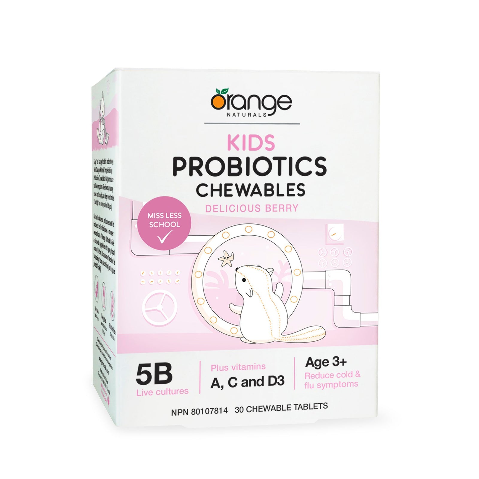 Orange Naturals Kids Probiotics Chewables 30 tablets - Delicious Berry flavour - 5B live cultures, Plus vitamins A, C & D3, Ages 3+ - Reduce cold & flu symptoms
