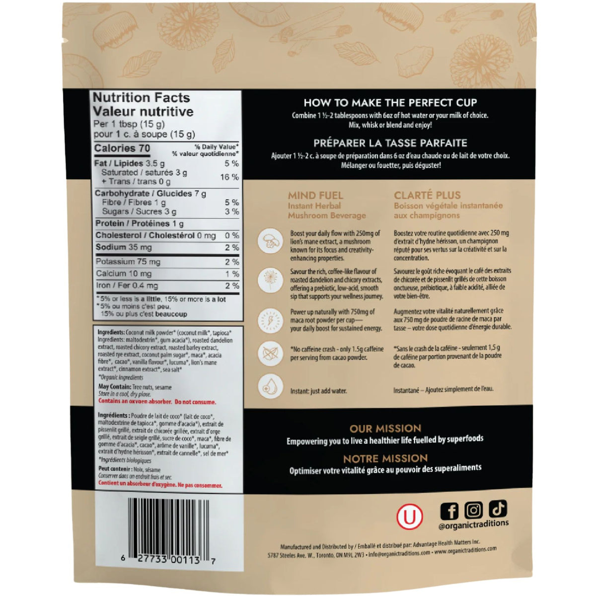 Organic Traditions Mind Fuel Caffeine-Free Mushroom Coffee Alternative 140g