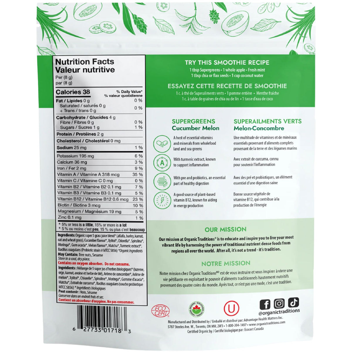 Organic Traditions Supergreens Cucumber Melon 100g