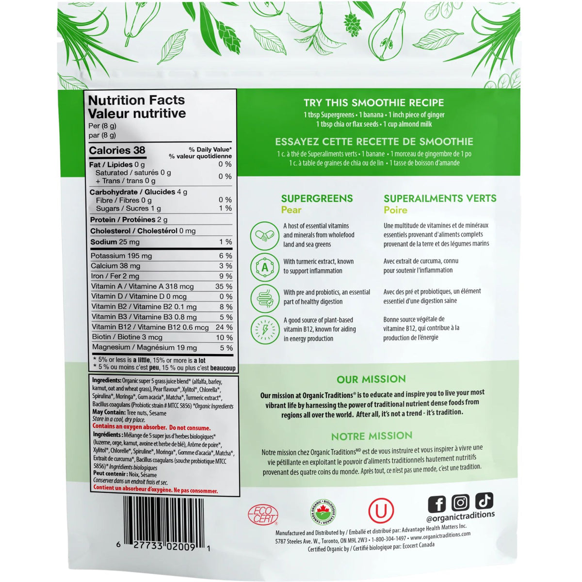 Organic Traditions Supergreens Pear 100g