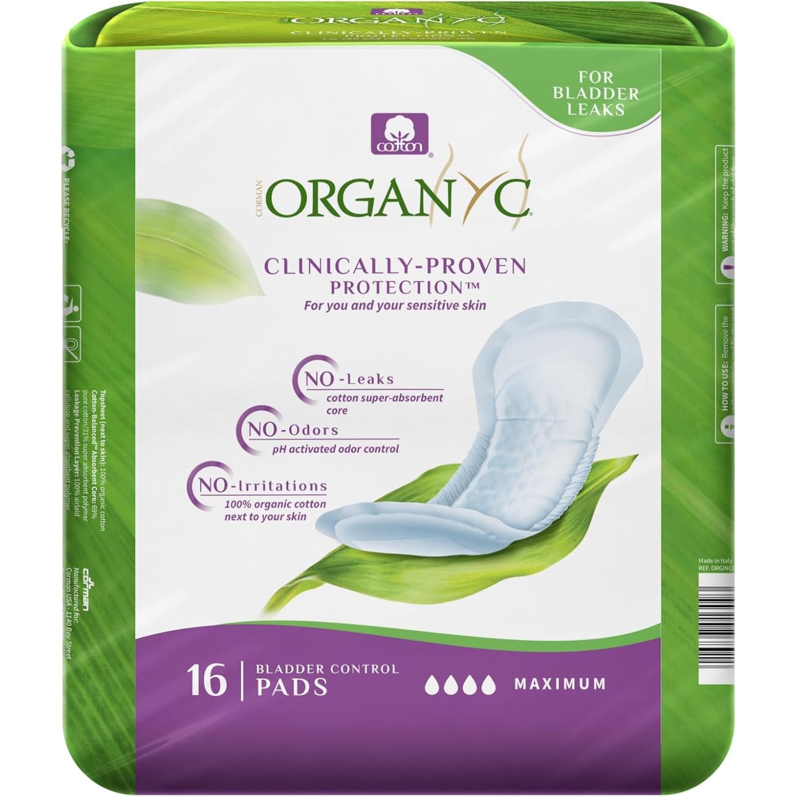 Organyc Light Incontinence Maximum Pads 16ct