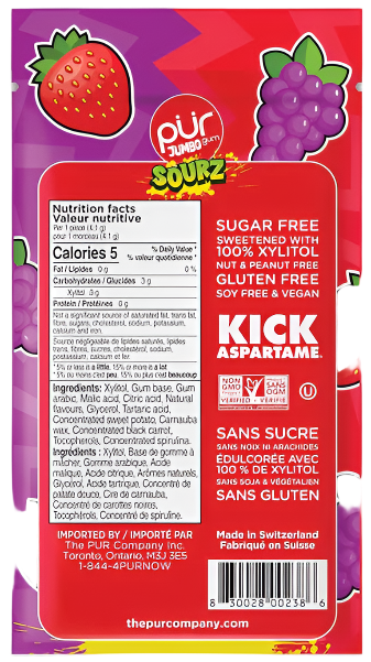 Pur Gum Jumbo Sourz Strawberry Grape 20pc