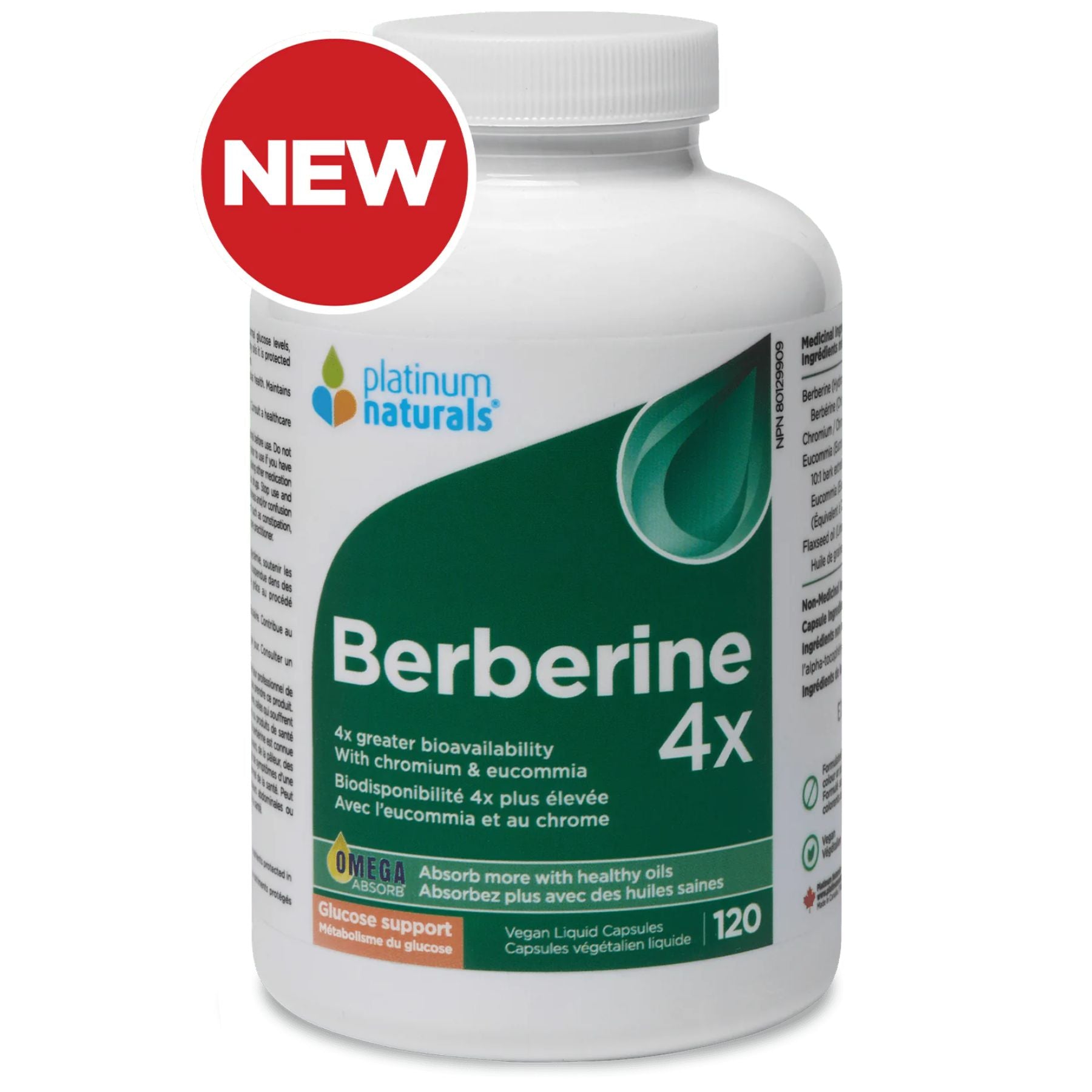 Image of bottle - NEW Platinum Naturals Berberine 4x 120 vegan liquid capsules. 4x greater bioavailability With chromium & eucommia. 