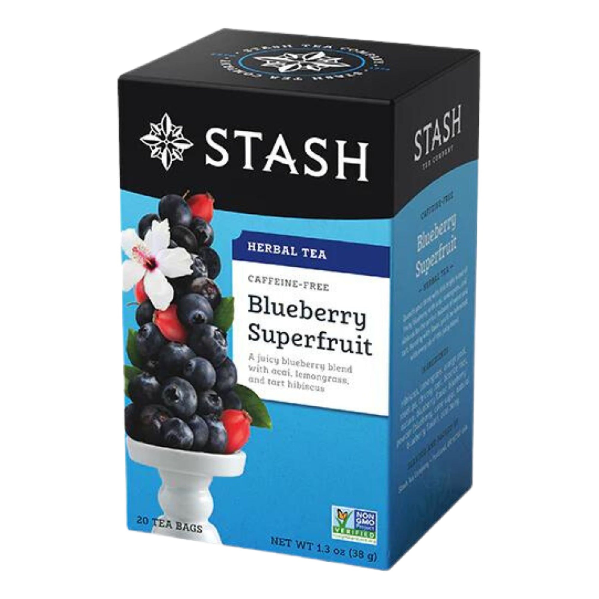 Stash Blueberry Superfruit Herbal Tea - 20 tea bags in a box - A juicy blueberry blend with acai, lemongrass and tart hibiscus.