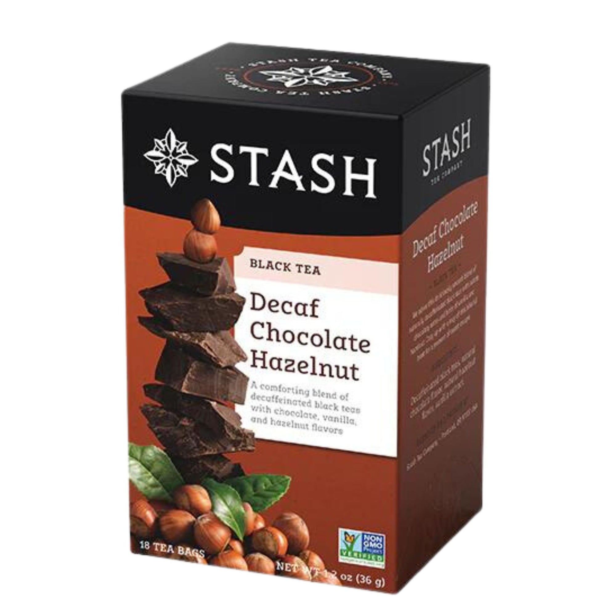 Stash Decaf Chocolate Hazelnut Black Tea - 18 tea bags in a box - A comforting blend of decaffeinated black teas with chocolate, vanilla, and hazelnut flavours. 