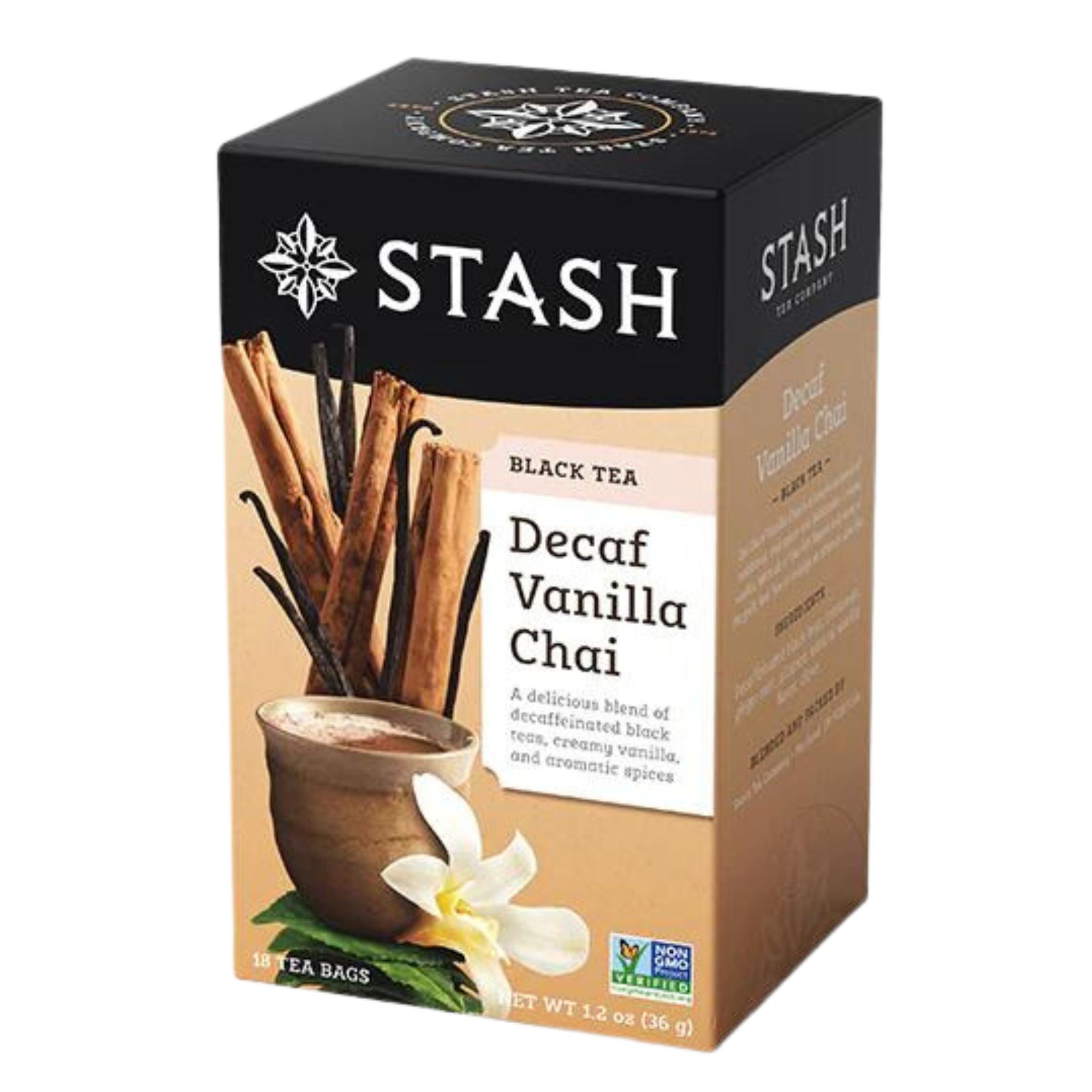 Stash Decaf Vanilla Chai Black tea - 18 tea bags in a box - A delicious blend of decaffeinated black teas, creamy vanilla, and aromatic spices 