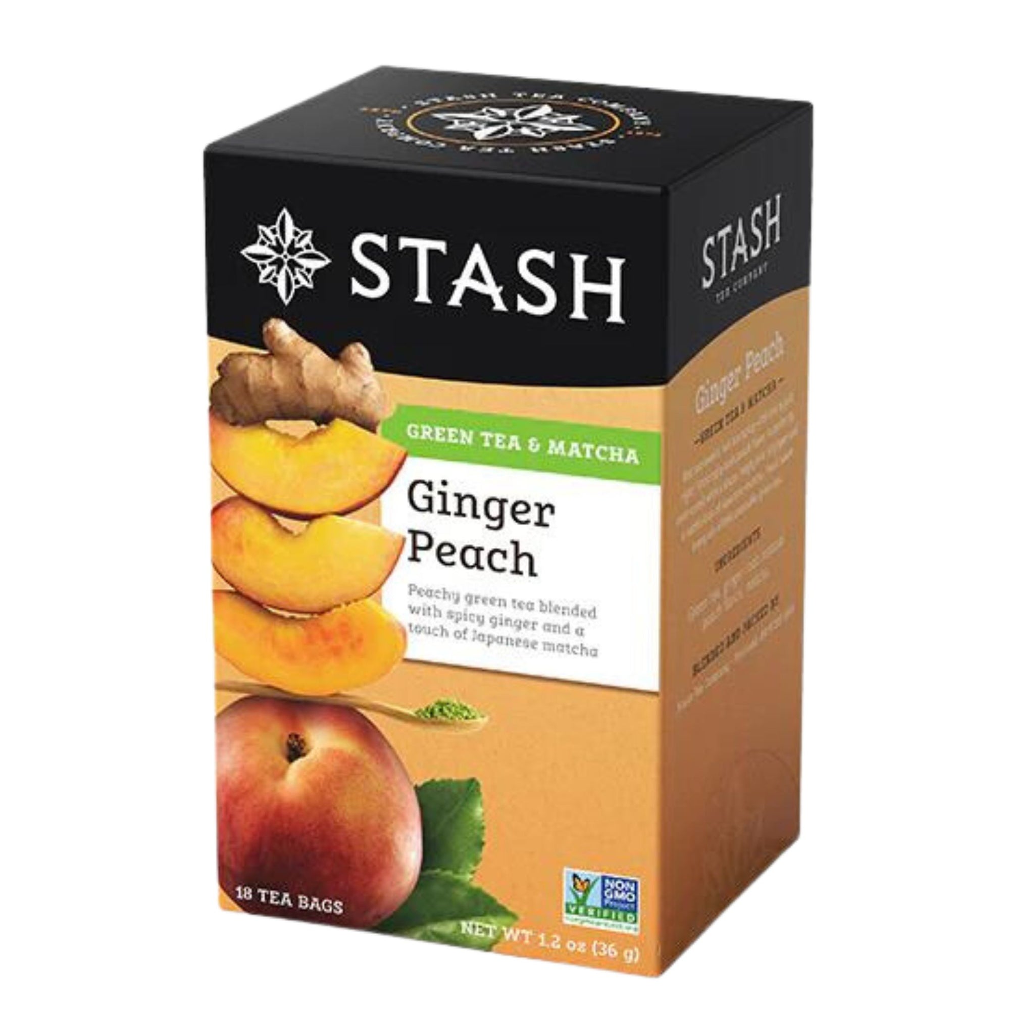 Stash Ginger Peach Green Tea - 18 tea bags in a box - Peachy green tea blended with spicy ginger and a touch of Japanese matcha. 