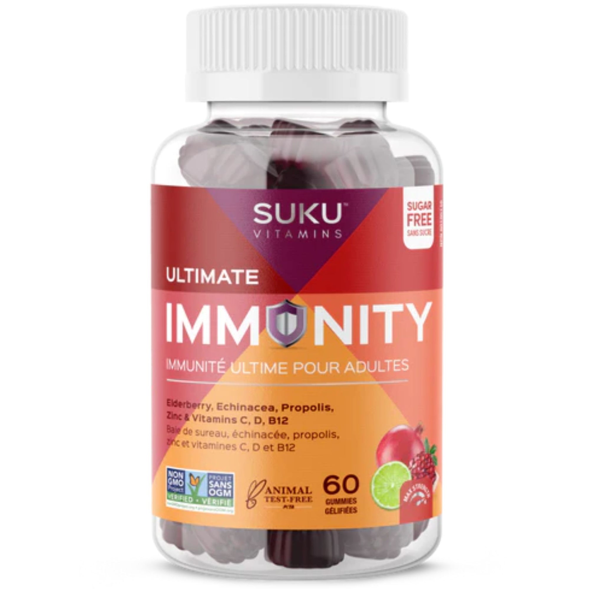 Suku Ultimate Immunity Gummies bottle with vibrant coloured gummies visible. 60 gummies per bottle. Sugar-free & Non-GMO