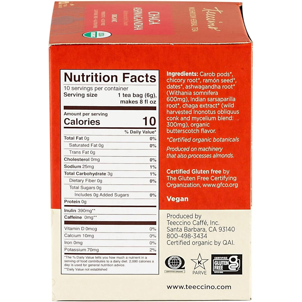 Teeccino Chaga Ashwagandha Butterscotch Cream Mushroom Herbal Tea 10ct