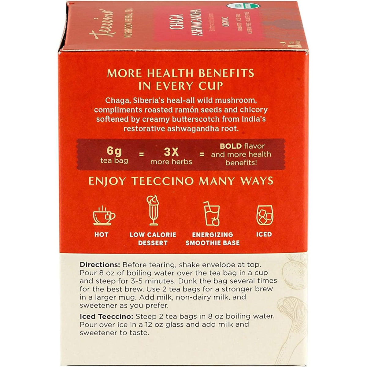 Teeccino Chaga Ashwagandha Butterscotch Cream Mushroom Herbal Tea 10ct