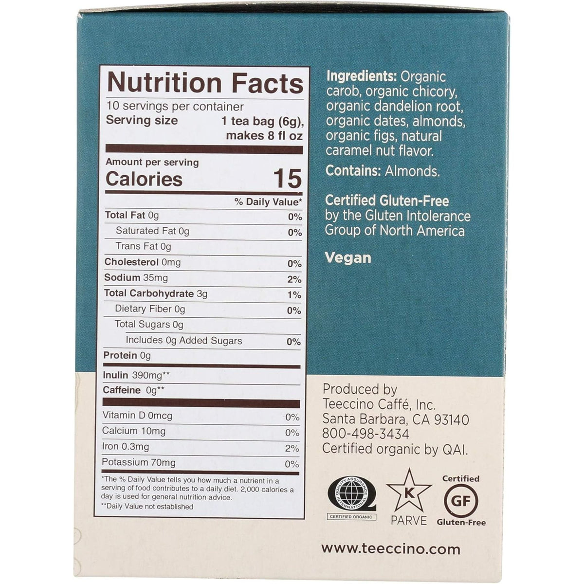 Teeccino Dandelion Caramel Nut Roasted Herbal Tea 10ct