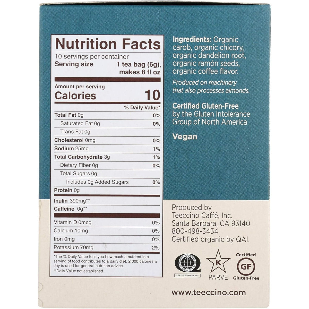 Teeccino Dandelion Dark Roast Herbal Tea 10ct