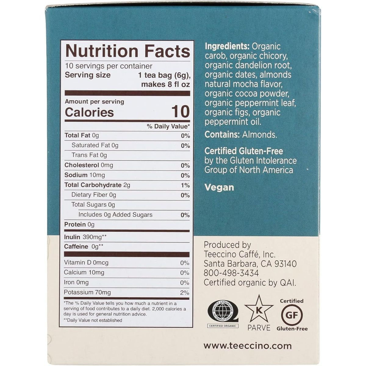 Teeccino Dandelion Mocha Mint Roasted Herbal Tea 10ct