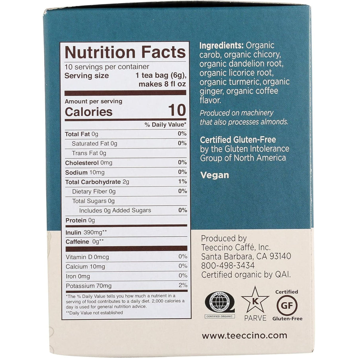 Teeccino Dandelion Turmeric Roasted Herbal Tea 10ct