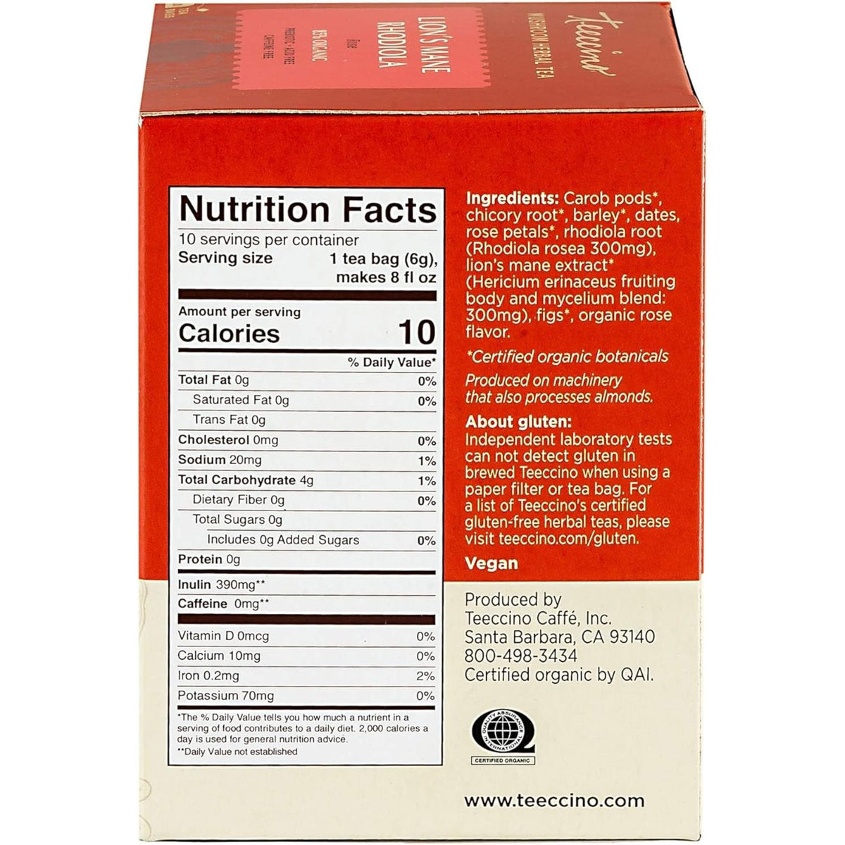 Teeccino Lion’s Mane Rhodiola Rose Mushroom Herbal Tea 10ct