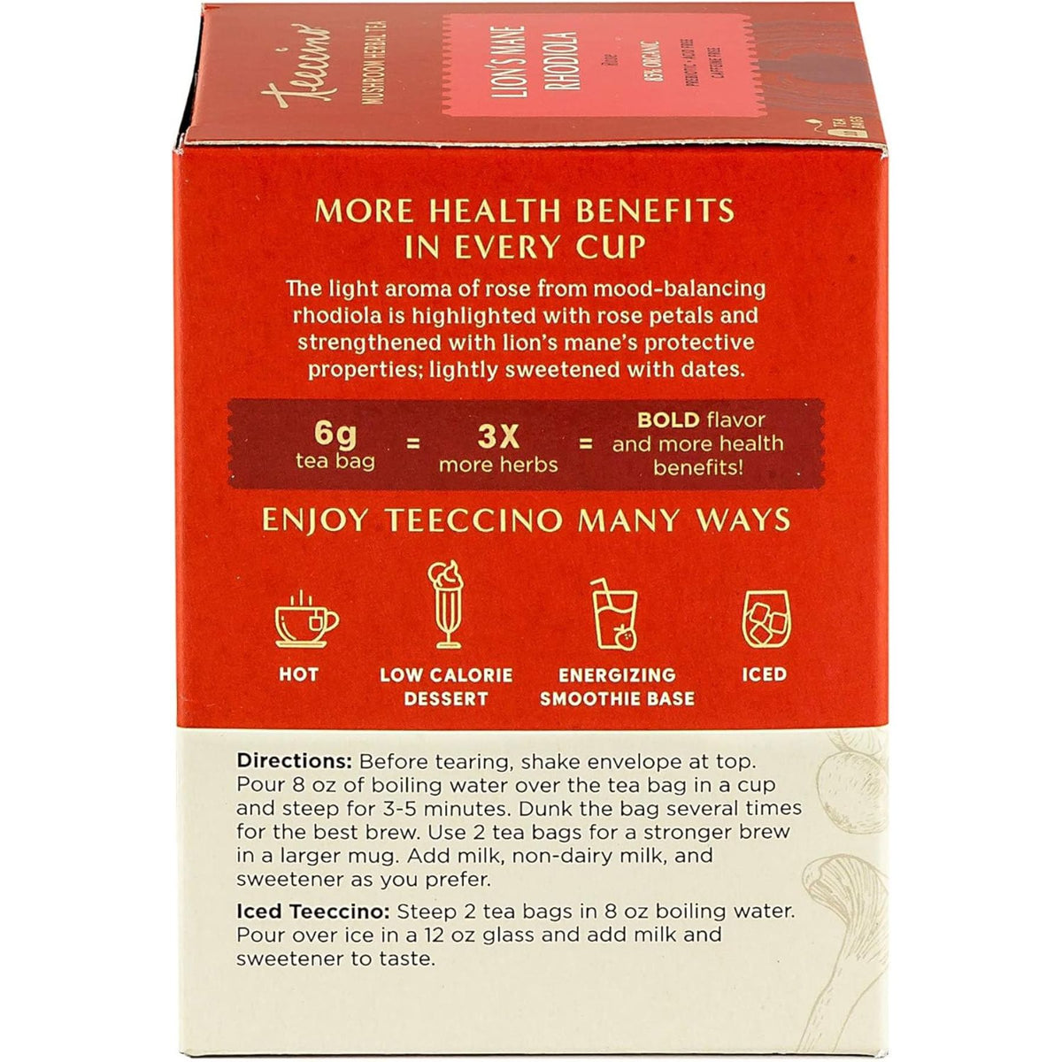 Teeccino Lion’s Mane Rhodiola Rose Mushroom Herbal Tea 10ct