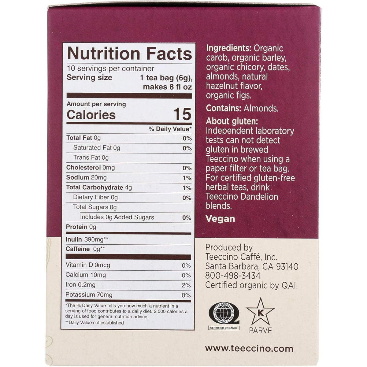 Teeccino Hazelnut Roasted Herbal Tea 10ct