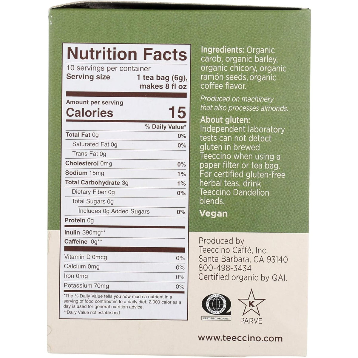 Teeccino Organic French Roast Roasted Herbal Tea 10ct