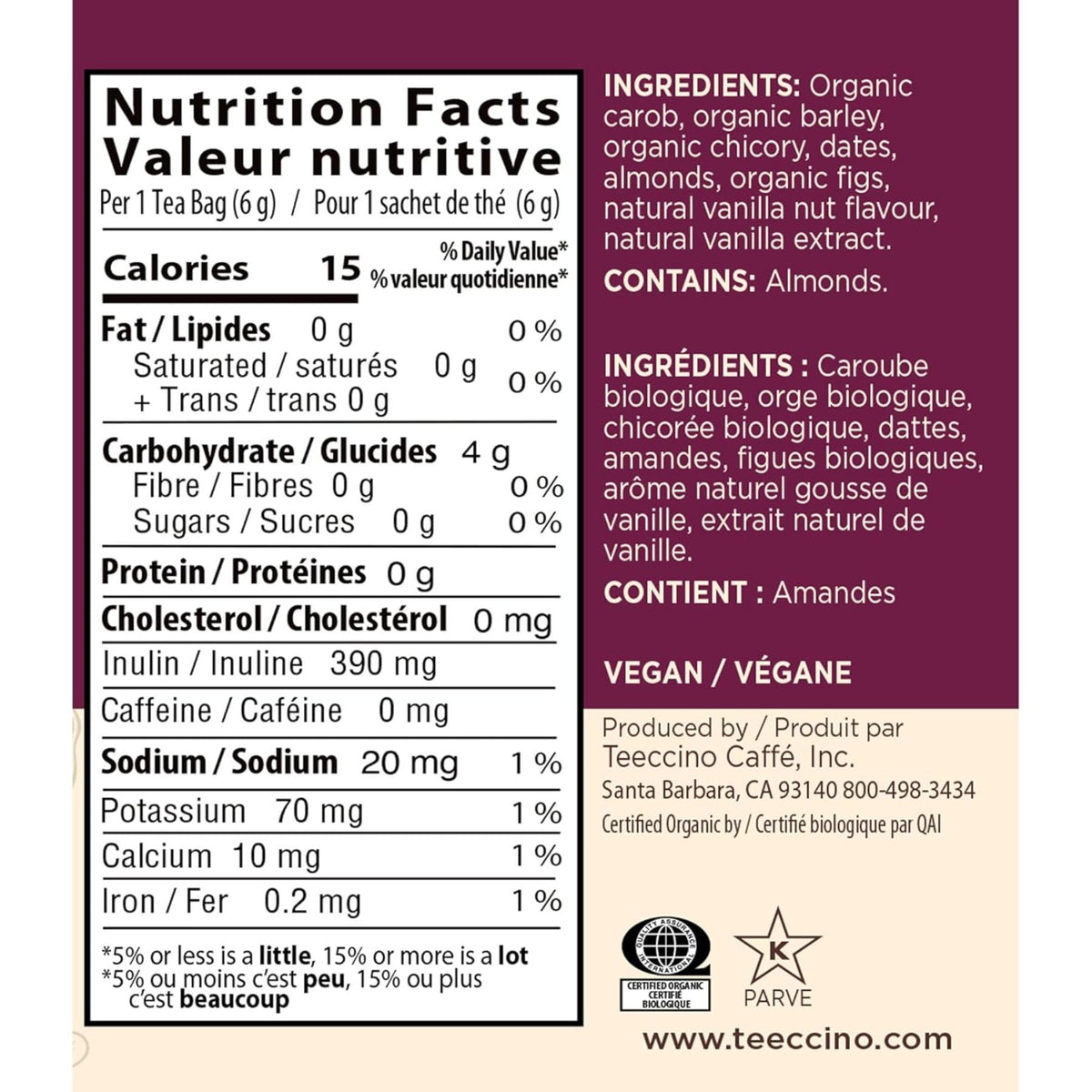 Teeccino Vanilla Nut Roasted Herbal Tea 10ct