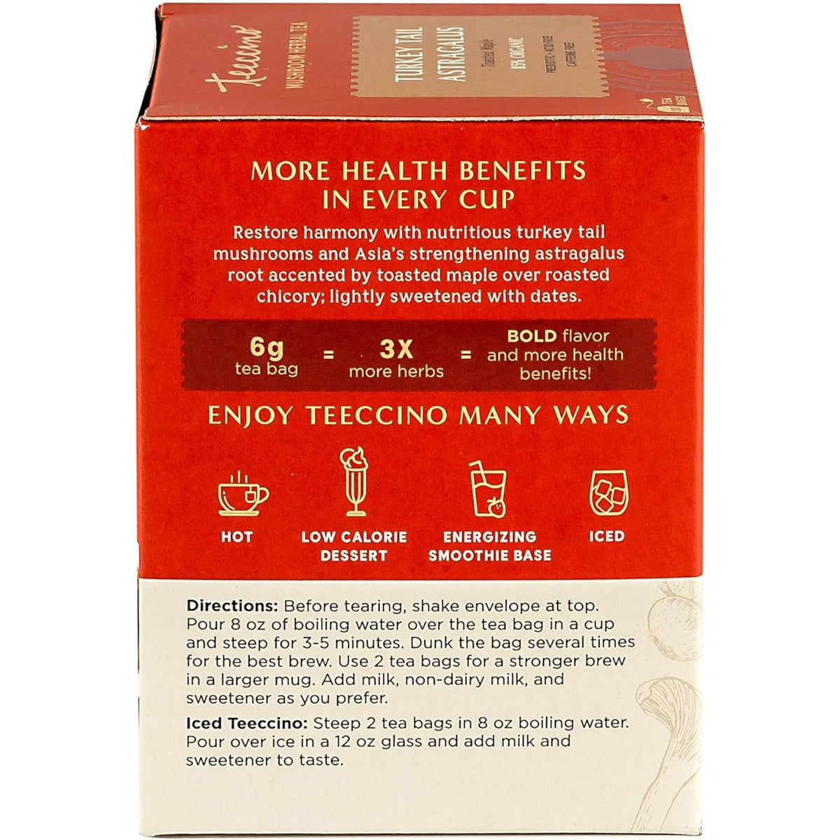 Teeccino Turkey Tail Astragalus Toasted Maple Mushroom Herbal Tea 10ct