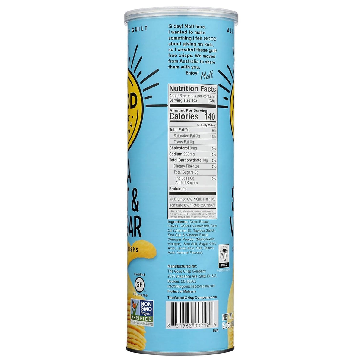 The Good Crisp Co. Potato Crisps - Sea Salt & Vinegar 160g