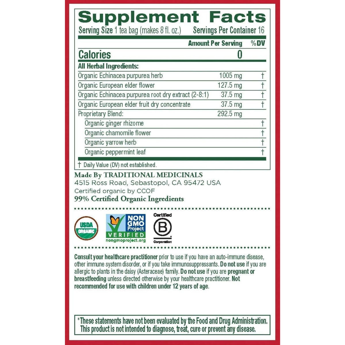 Traditional Medicinals Organic Echinacea Plus Elderberry Tea 16ct