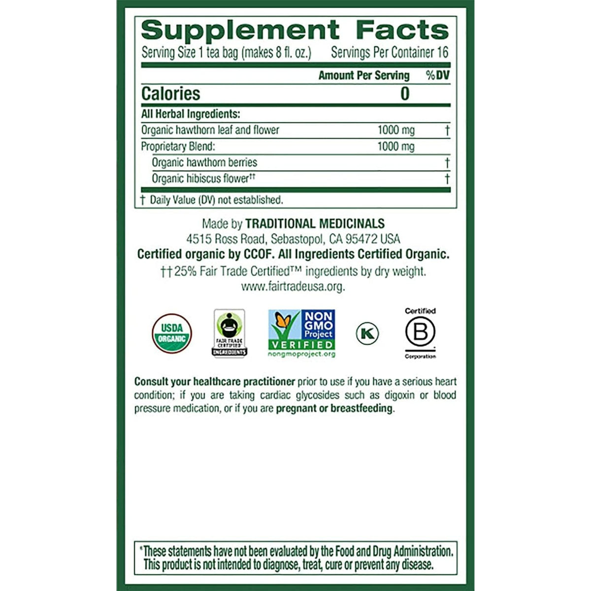 Traditional Medicinals Organic Hawthorn & Hibiscus Tea 16ct