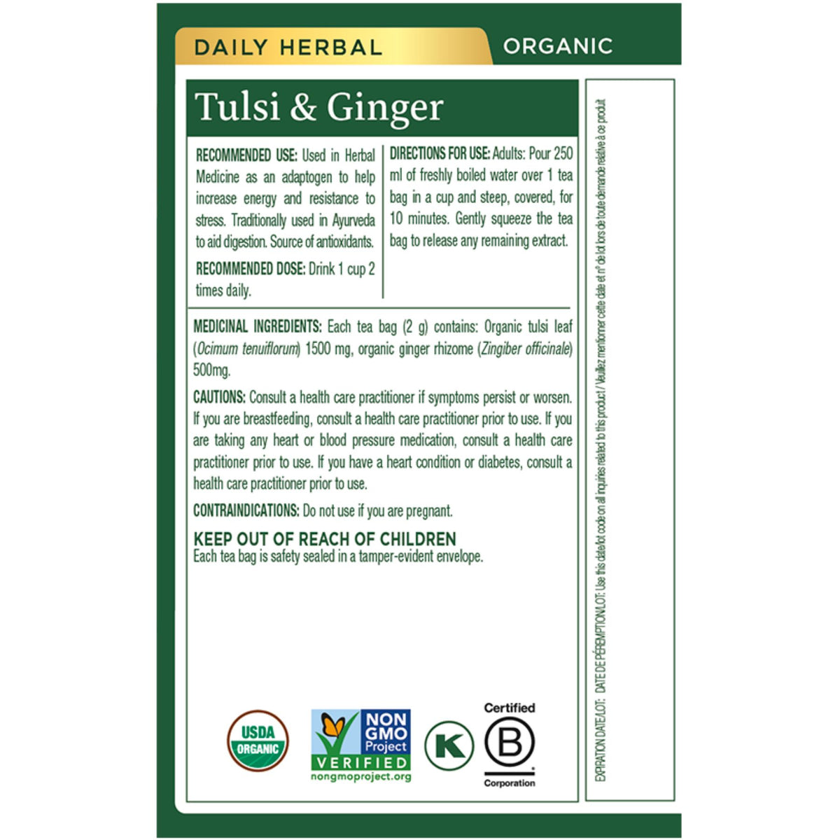 Traditional Medicinals Organic Tulsi & Ginger Tea 16ct