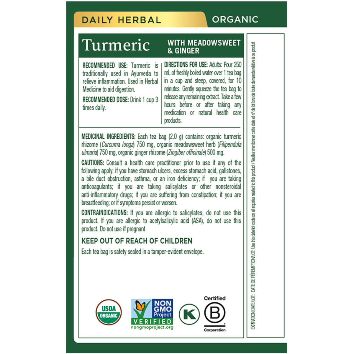 Traditional Medicinals Organic Turmeric with Meadowsweet & Ginger Tea 16ct