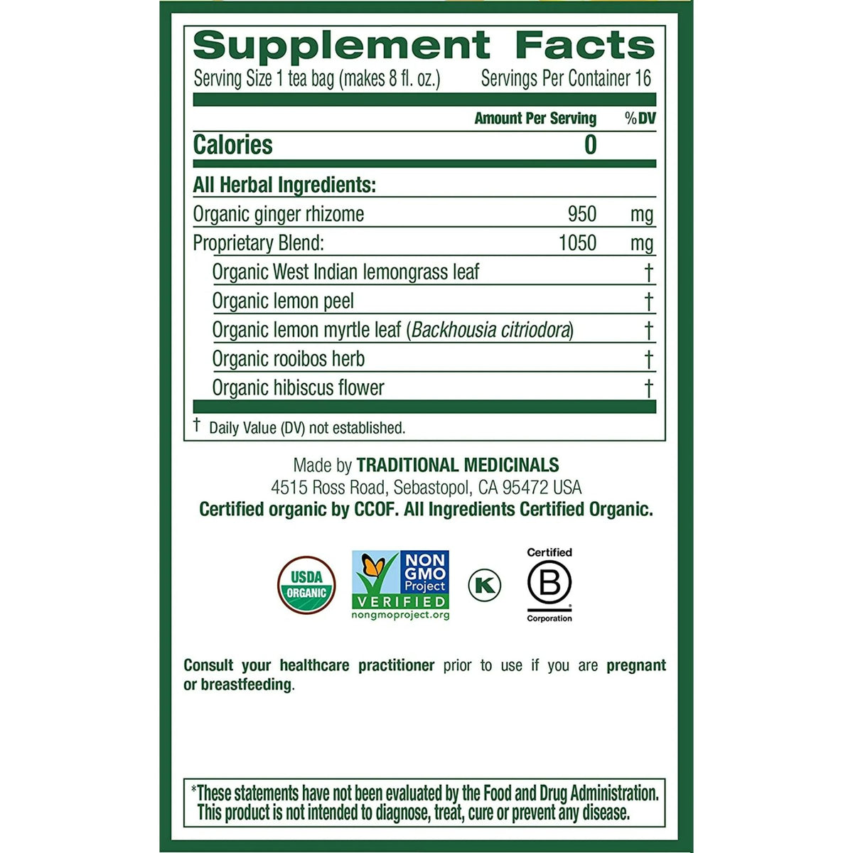 Traditional Medicinals Organic Lemon Ginger Tea 16ct