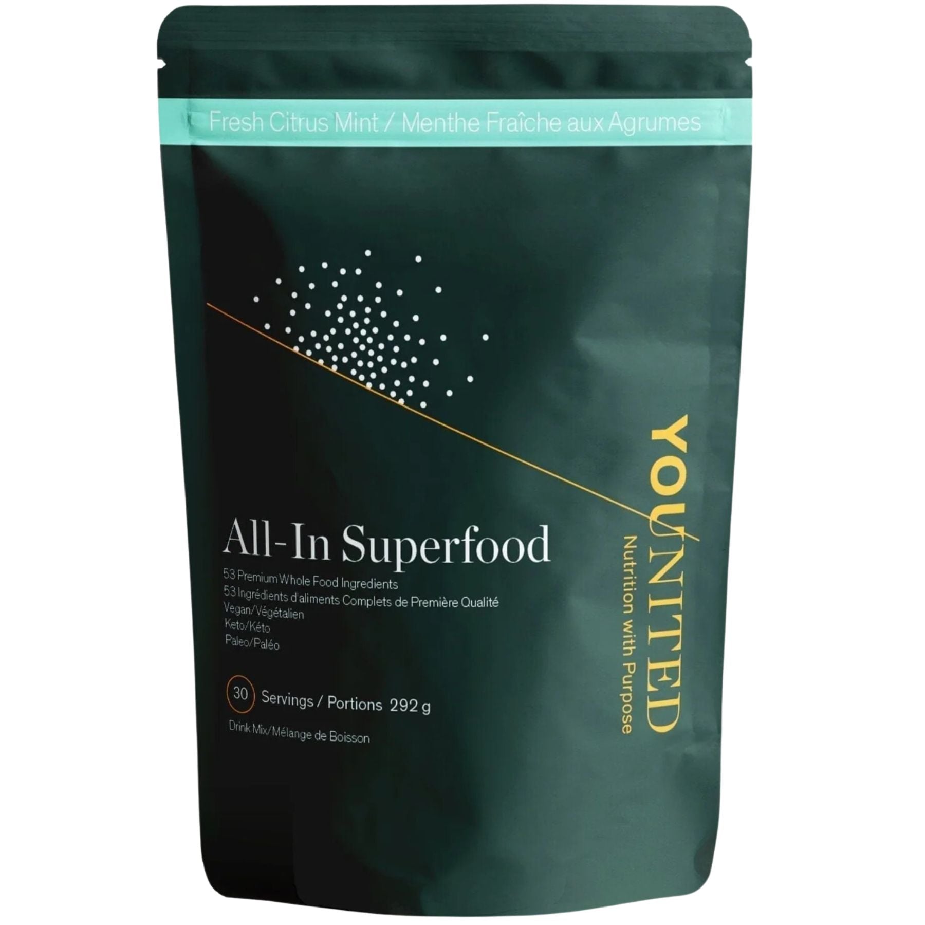 Image of Younited All-in Superfood Fresh Citrus Mint 30 Servings, a nutrient-packed superfood supplement, available at Fiddleheads Health and Nutrition.