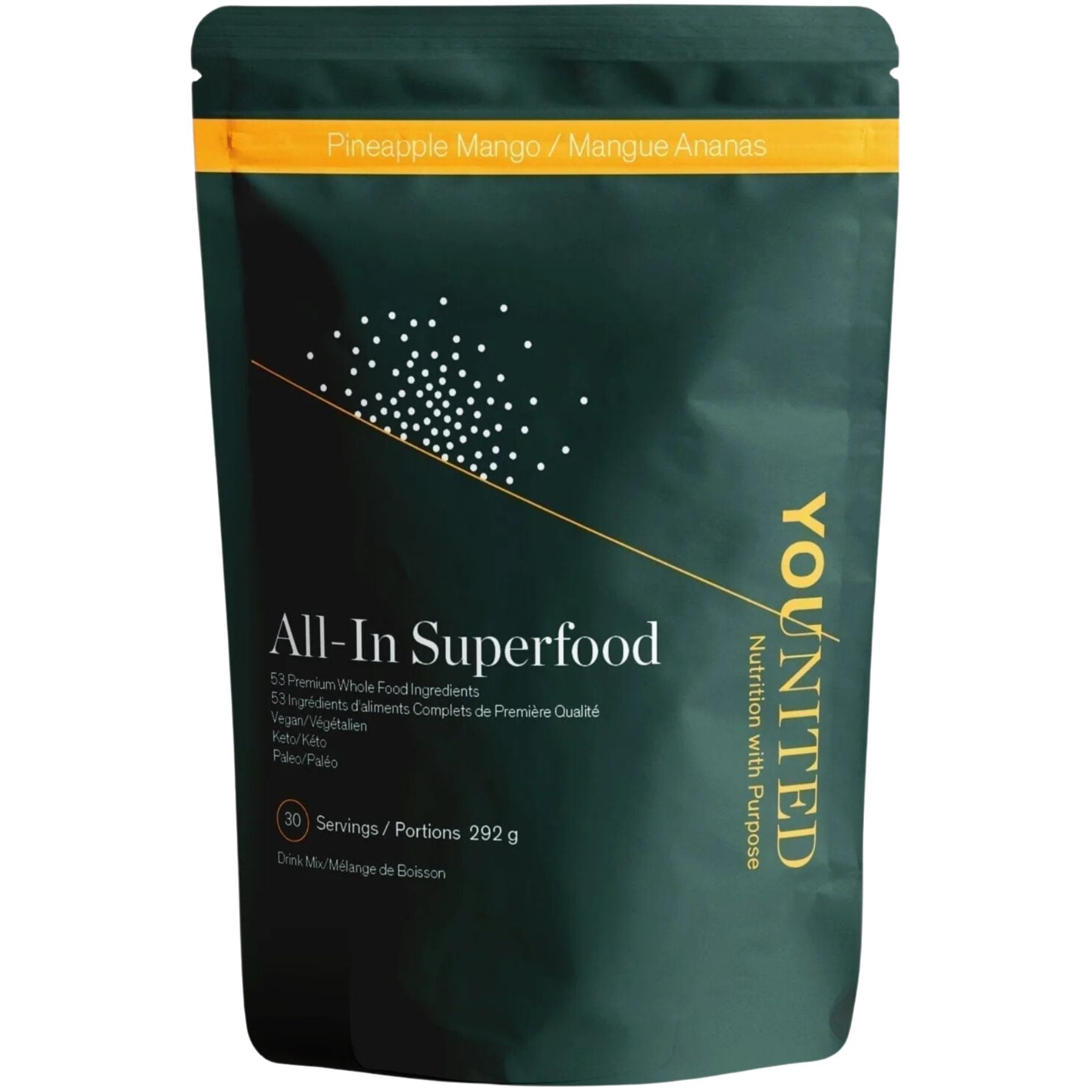 Image of Younited All-in Superfood Pineapple Mango 30 Servings, a nutrient-packed superfood supplement, available at Fiddleheads Health and Nutrition.