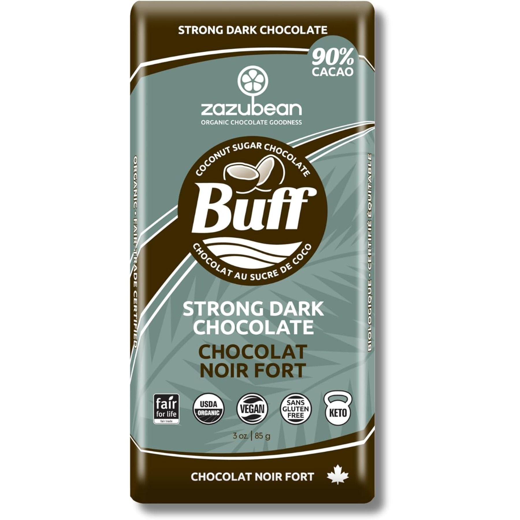 Zazubean Buff 90% Chocolate Bar Coconut Sugar Sweetened 85g