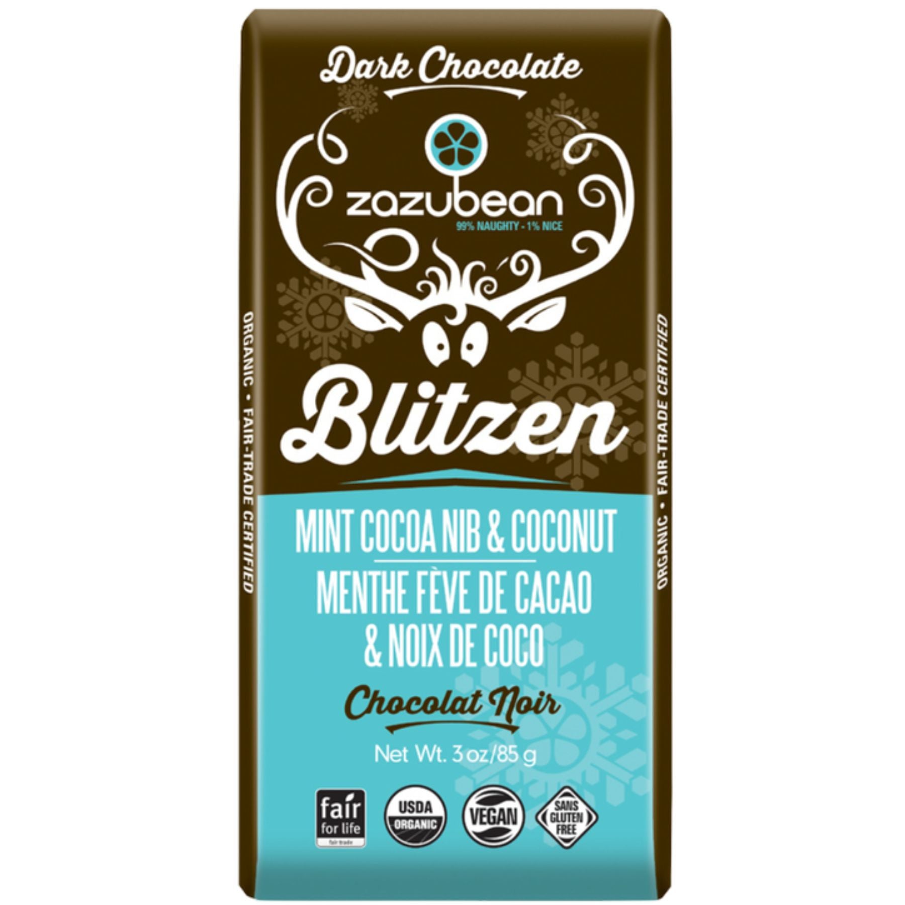 Zazubean Blitzen Mint, Cocoa Nib & Coconut Chocolate Bar 85g